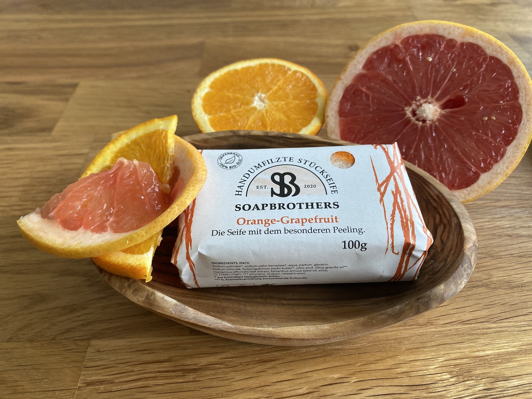 Wollseife Orange Grapefruit 100g "Naturkosmetik Bioseife mit Filzmantel